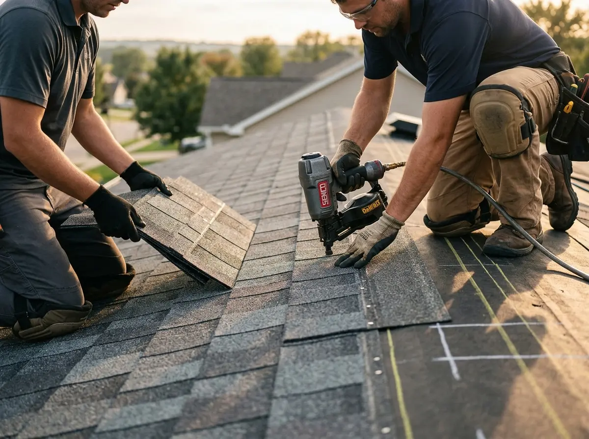 Professional roofer working on a residential roof in Gleneagle